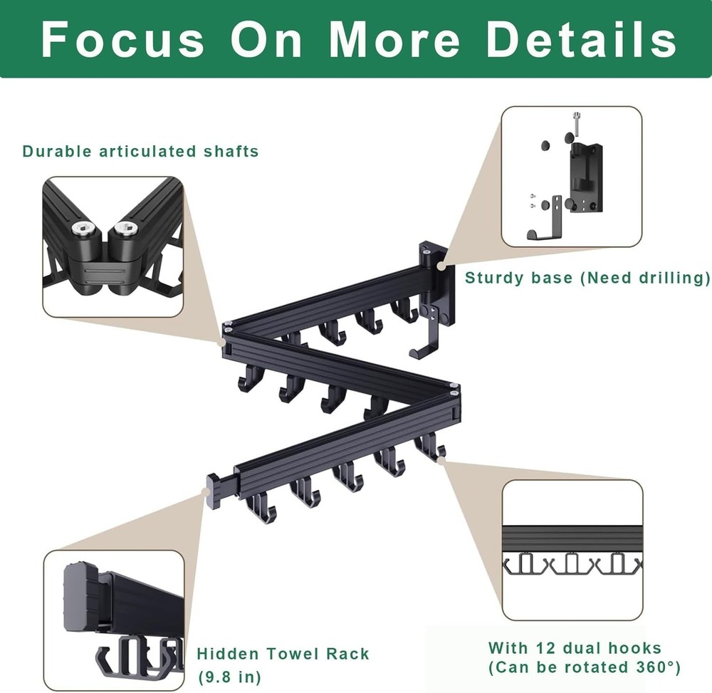 Upgraded Wall-Mounted Drying Rack - Foldable Space-Saving Solution with 12 Hooks