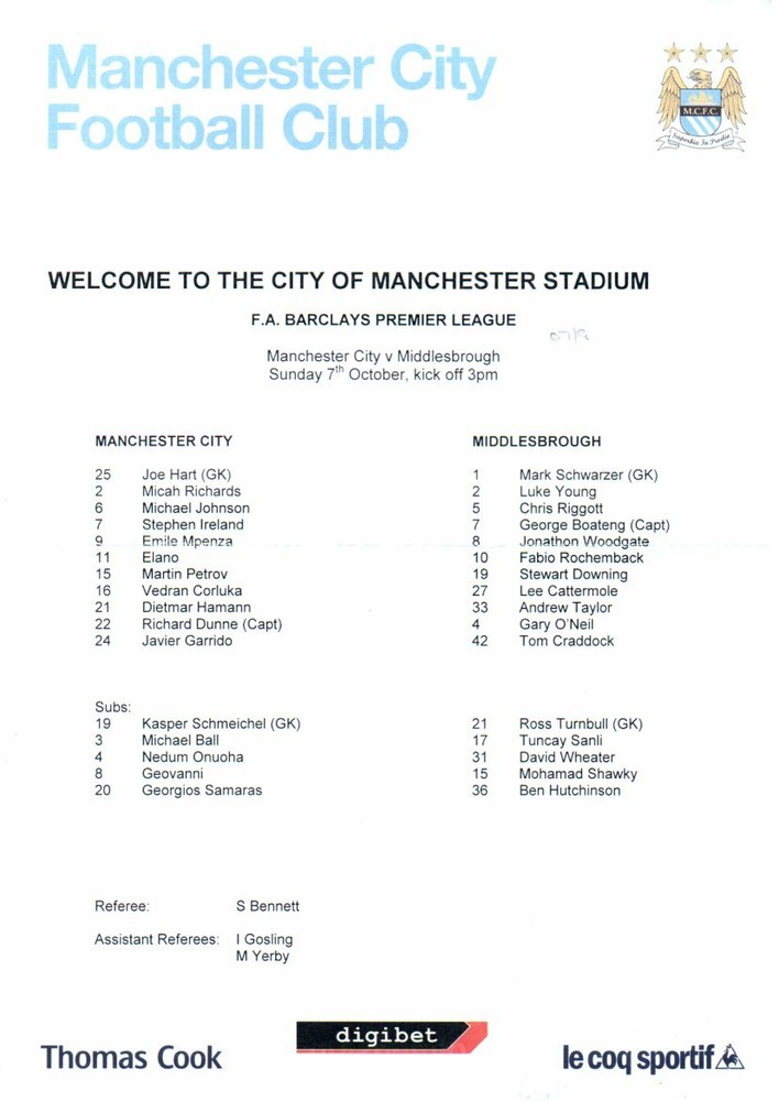 Team Sheet - Manchester City v Middlesbrough 7.10.2007