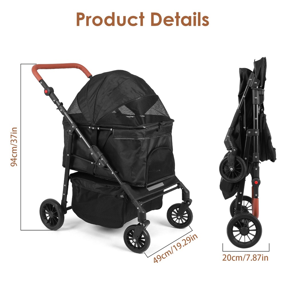 Pet Stroller Adjustable Handle Smooth-Ride Dog Stroller for Small & Medium Dogs