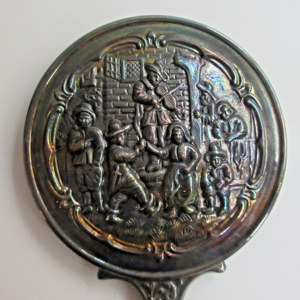 Victorian Ladies Pocketbook Purse Silver Hand Mirror with Black Satin Cover