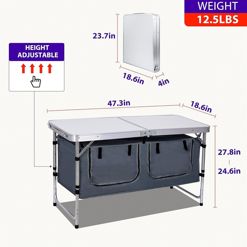 Space-Saving Height Adjustable Table with Storage - Ideal for Indoor/Outdoor