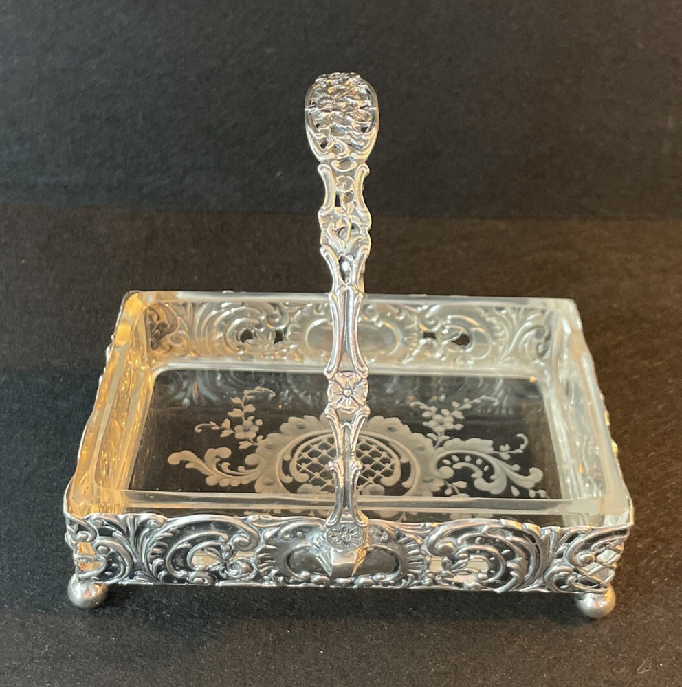 Germany Sterling Repousse Basket Etched Glass Insert Rectangular Swing Handle