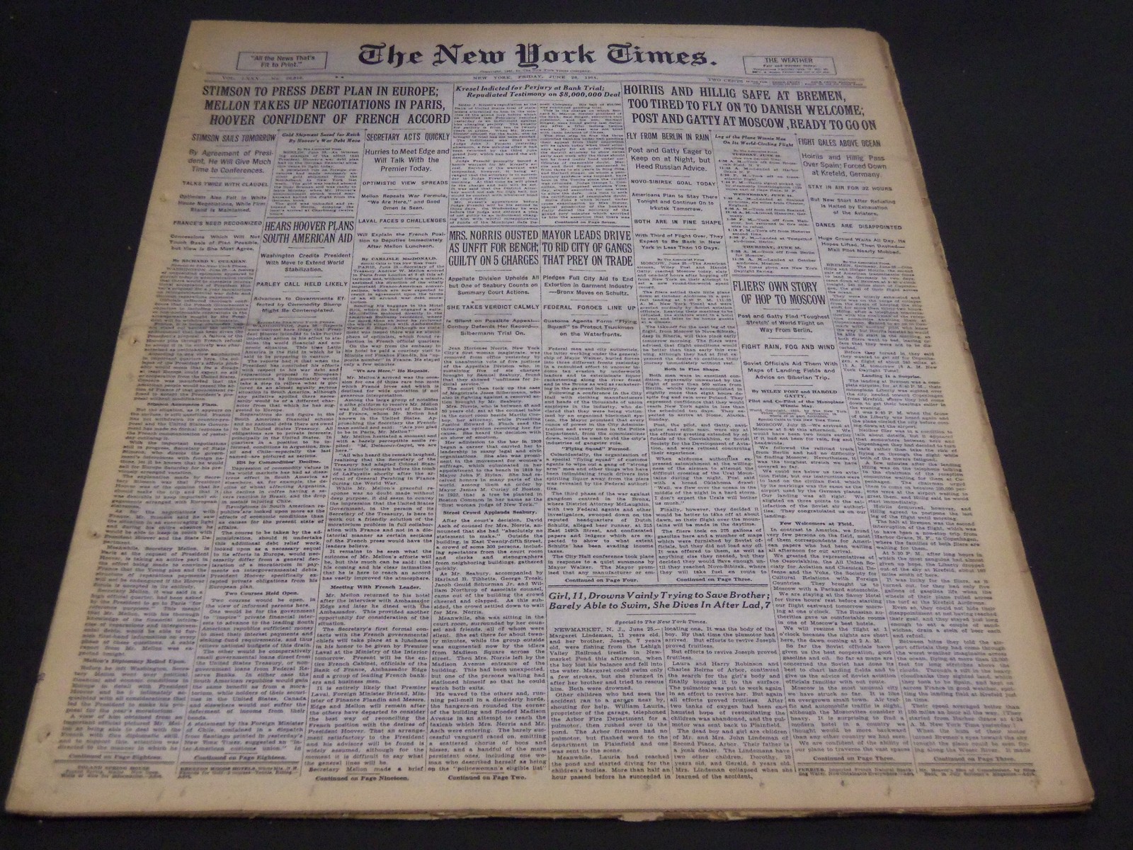 1931 JUNE 26 NEW YORK TIMES - HOIRIS AND HILLIG SAFE AT BREMEN - NT 5009