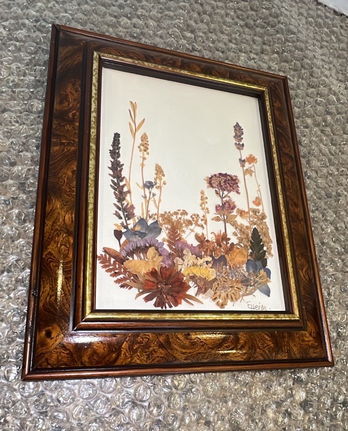 VTG Real Pressed Flower Specimens Framed With Glass Folk Art Wall Hanging Signed