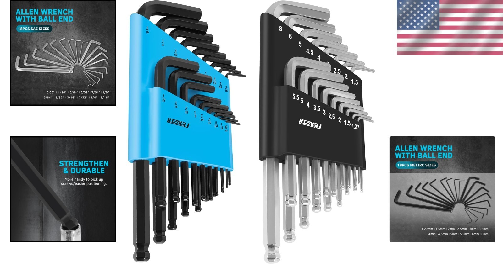 36-Piece Hex Key Allen Wrench Set with Ball End - Sae/Metric Sizes and 2 Storage