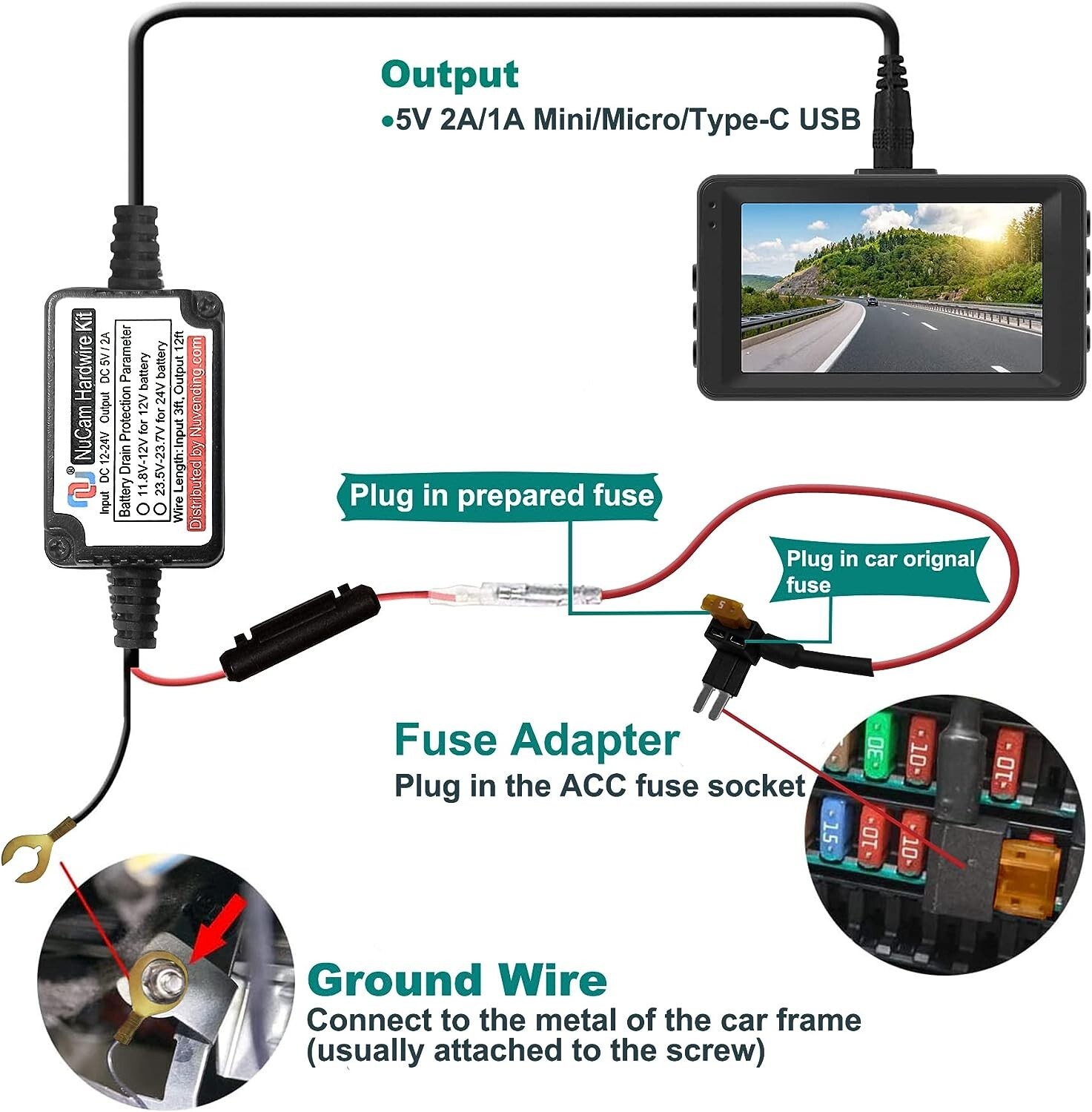 Universal Dash Cam Hardwire Kit Micro/Mini USB Type C 12-24V to 5V for Car DVR