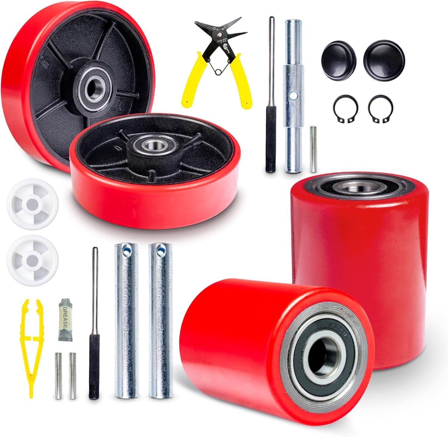 Pallet Jack/Truck Poly Wheels Full Set with Axles, Bearings, Entry Rollers, Caps