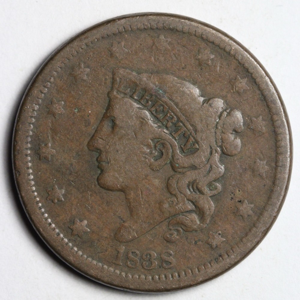 1838 Coronet Head Large Cent CHOICE FINE E157 VRCX