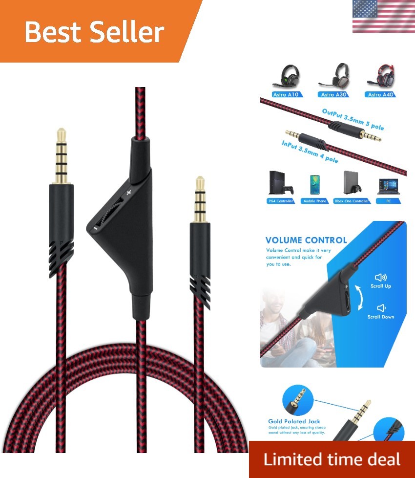 2M Braided Headset Replacement Cable with Volume Control for Astro & Xbox - Red