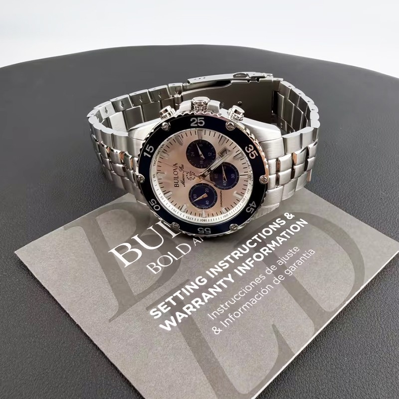 Men Bulova Marine Star White/Blue Dial Chronograph 98B423 Quartz Watch 41.5mm