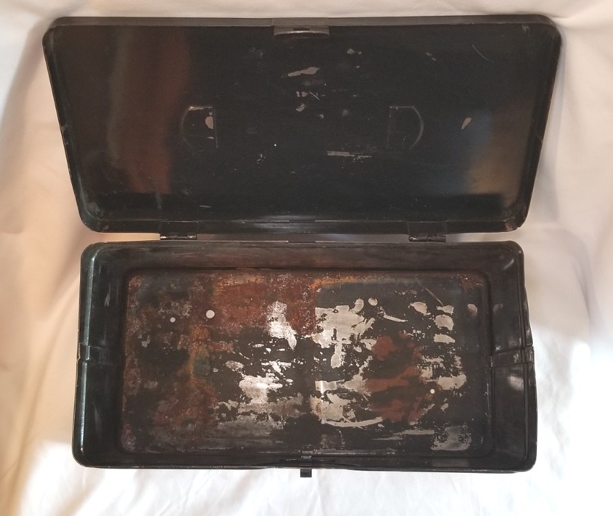 Antique Black Metal Hinged Tool Storage Box 12"