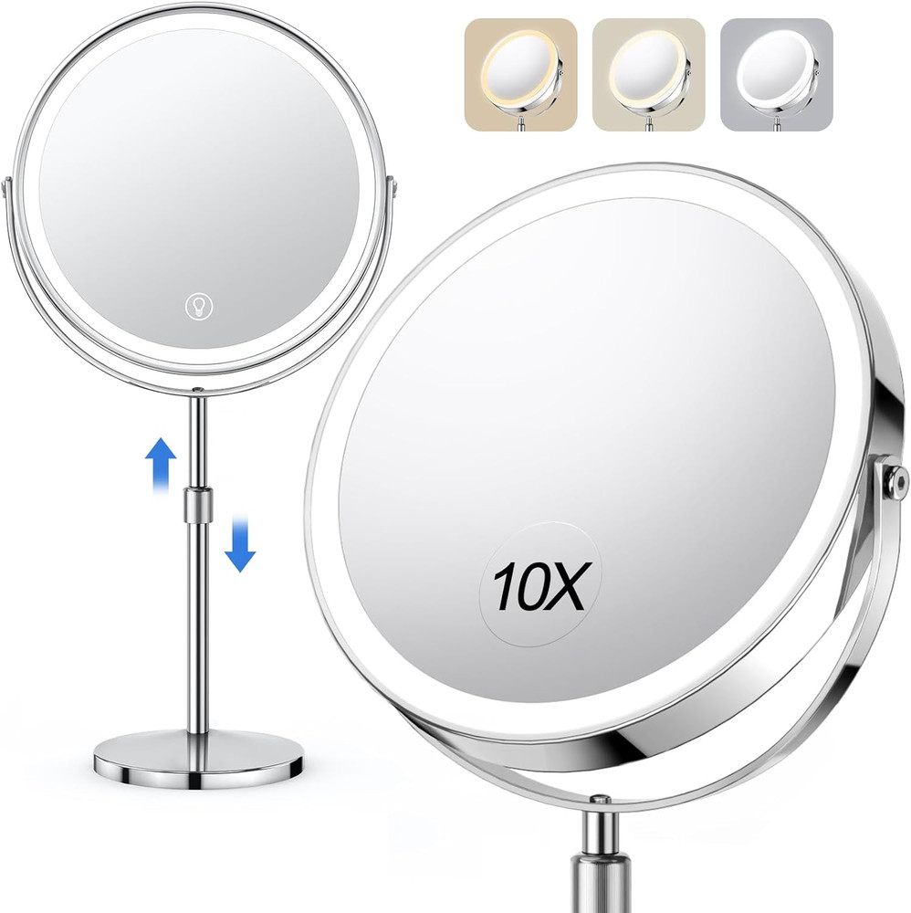 Lighted Makeup Mirror, Rechargeable Height Adjustable Double Sided, 1X/10X