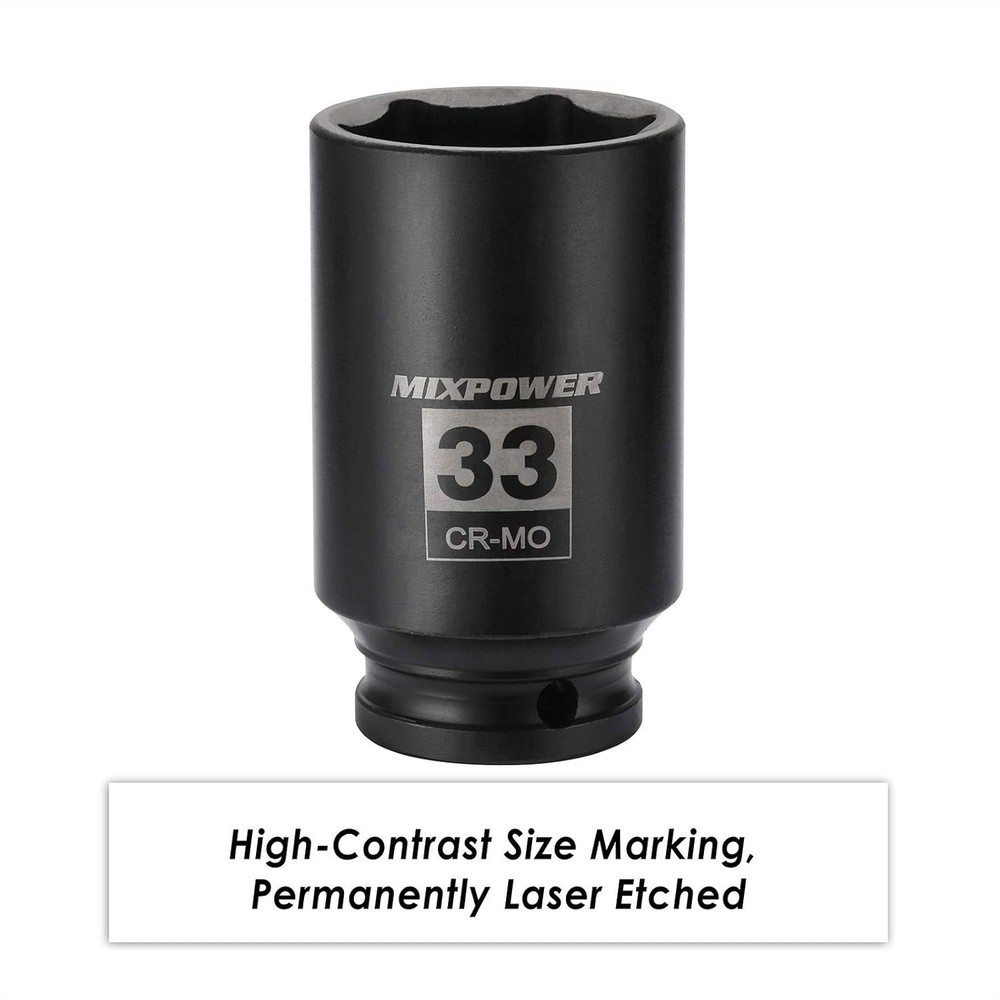 Durable 1/2" Drive 33mm Deep Impact Socket - 6-Point Design for High Torque