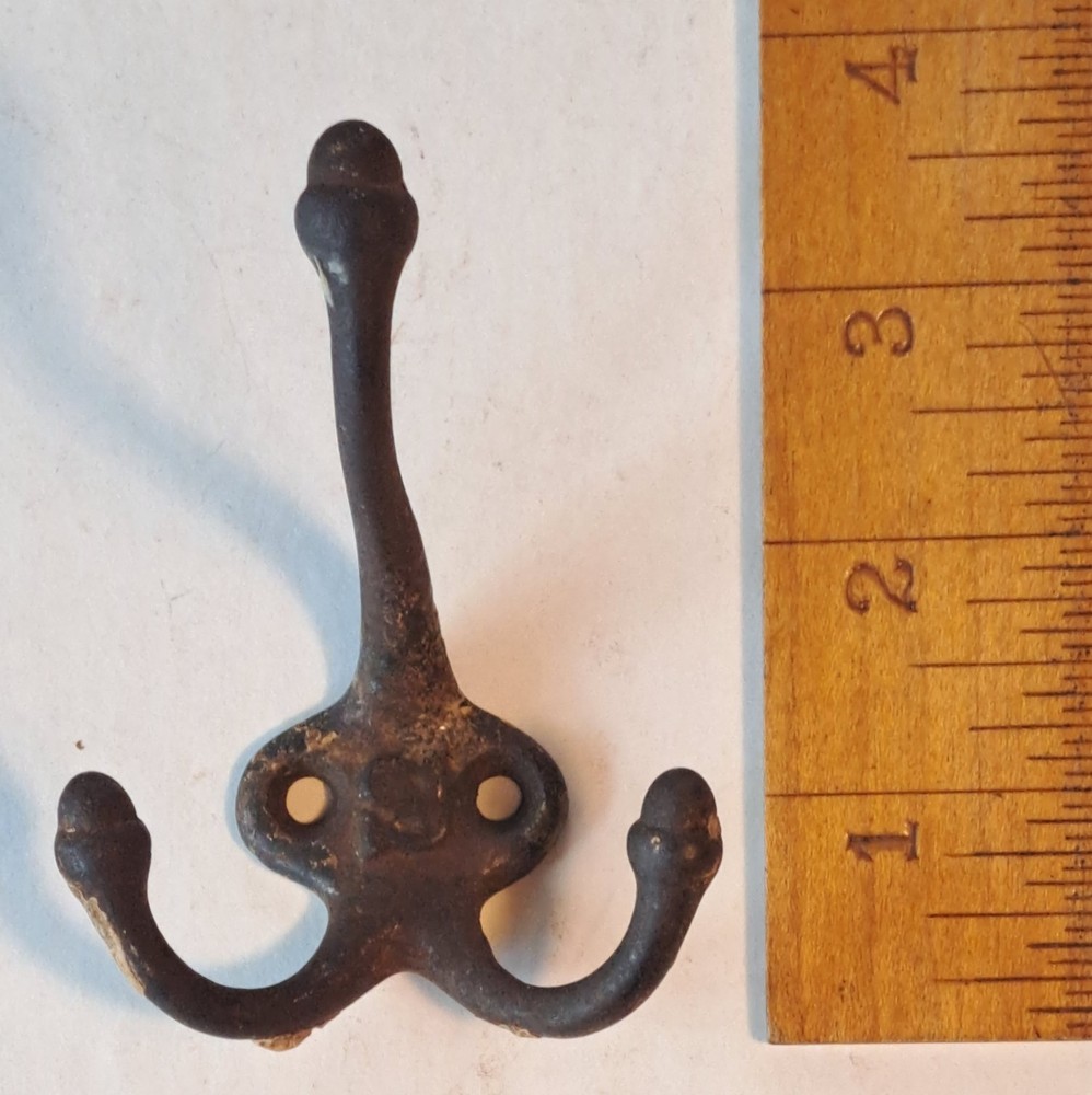 Antique Primitive Triple Hook Coat Hanger Acorn Tips Rustic Iron