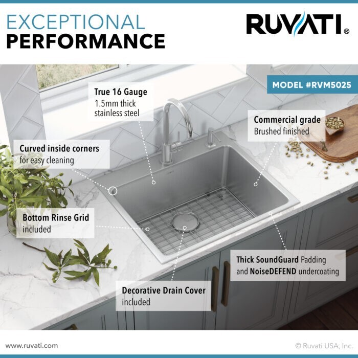 Ruvati 25"x22" Drop-in Topmount 16 Gauge Single Bowl Kitchen Sink- RVM5025