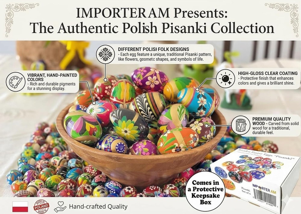Polish Easter Hand Painted Wooden Eggs Pisanki Decorative Eggs for Easter Set...