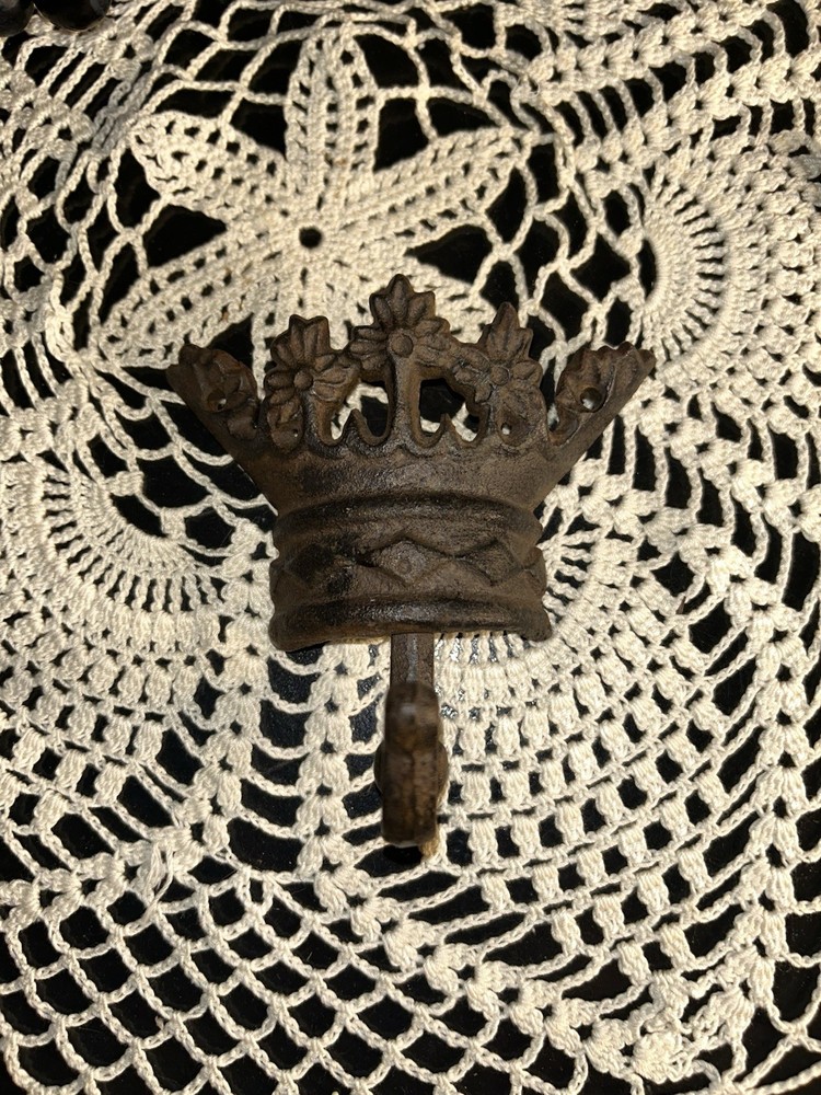 Antique Cast Iron Crown Shaped Hook Bracket Brown Rusted Decorative Hardware