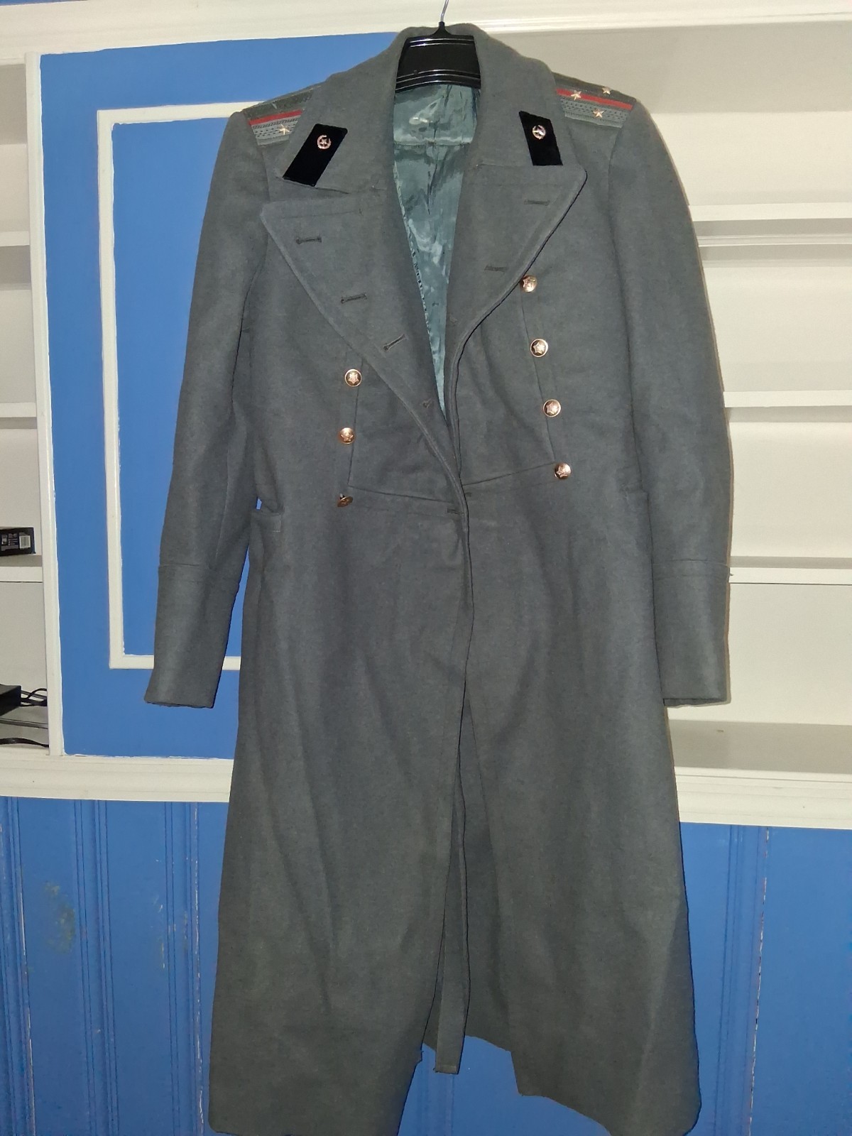 Vintage Soviet Military Officer Gray Overcoat with Insignia & Cyrillic Label