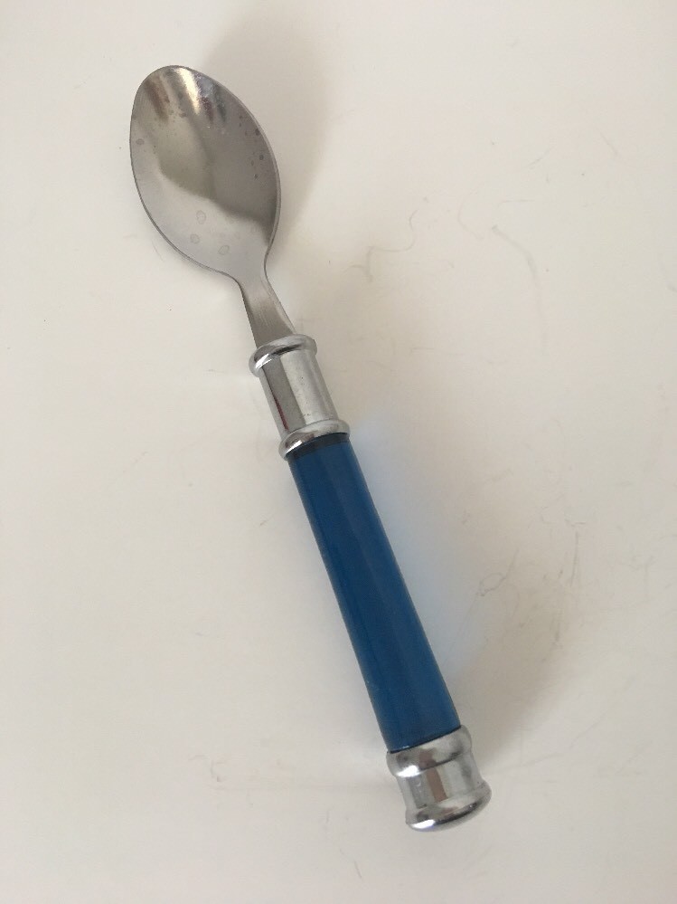 Stainless BLUE Cylinder Plastic Handle Silver Tip TEASPOON 6.75”