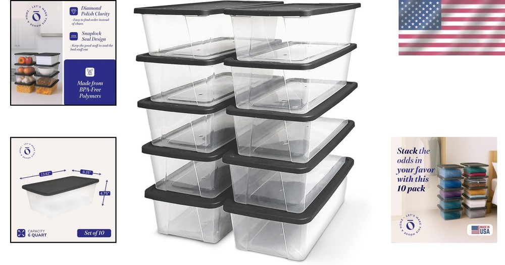 Stackable Clear Storage Bins w/ Lids, 6 Qt, 10-Pack