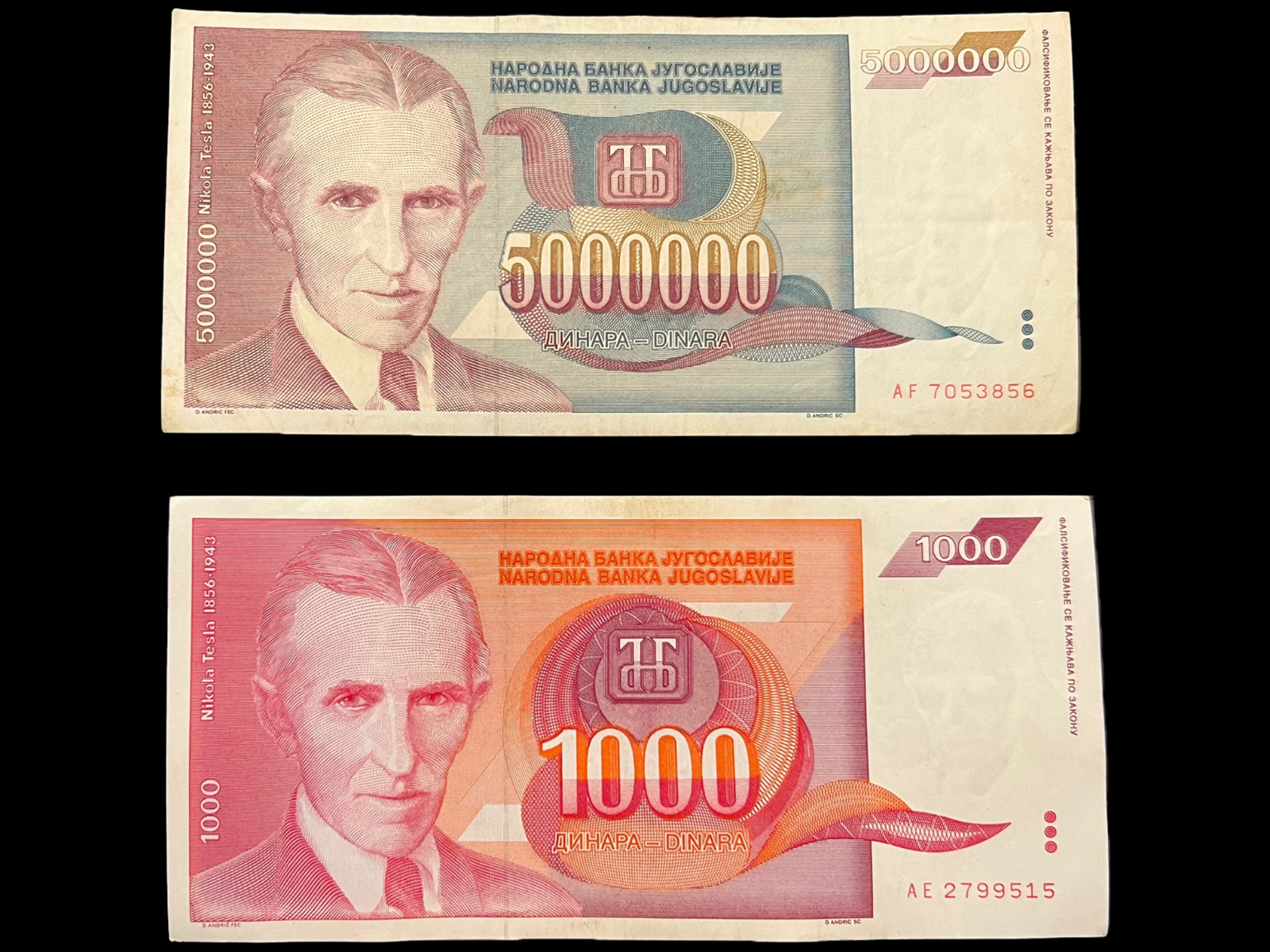 Yugoslavia 1993 Nikola Tesla 1000 & 5 Million Dinara Banknote Currency Money