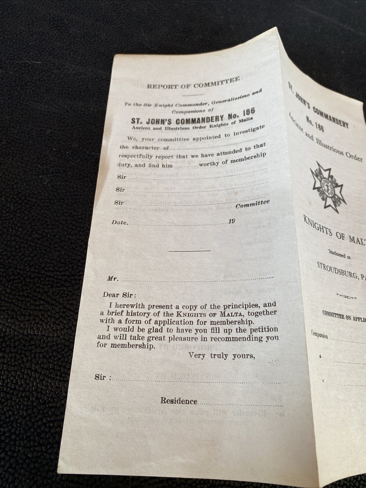 Knights of Malta Insignia Application Stroudsburg PA ST JOHN’S Commandery no 186