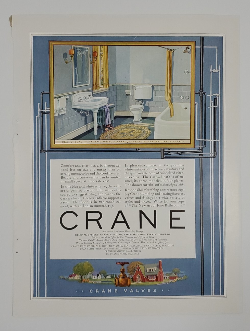 Vintage 1926 Print Ad - CRANE Bathroom Fixtures, Plumbing Fittings & Valves
