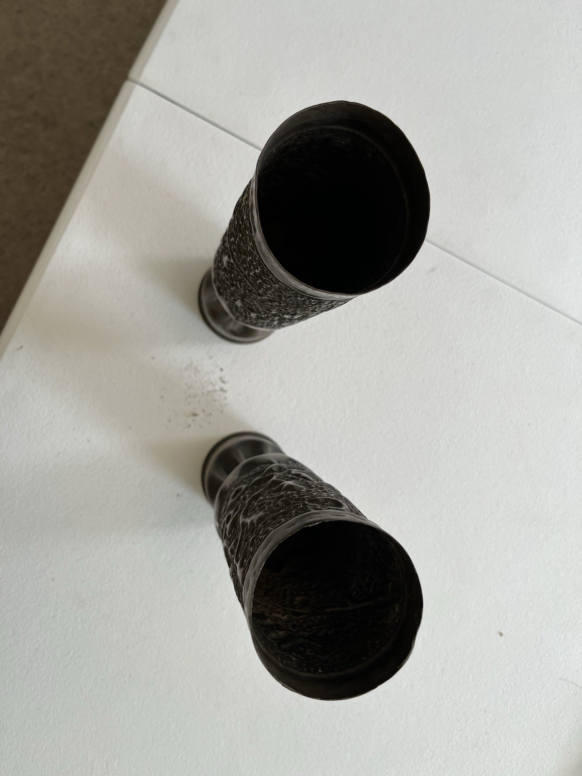 Pair Highly Decorated Dated 1918 WW1 Trench Art Brass 75MM