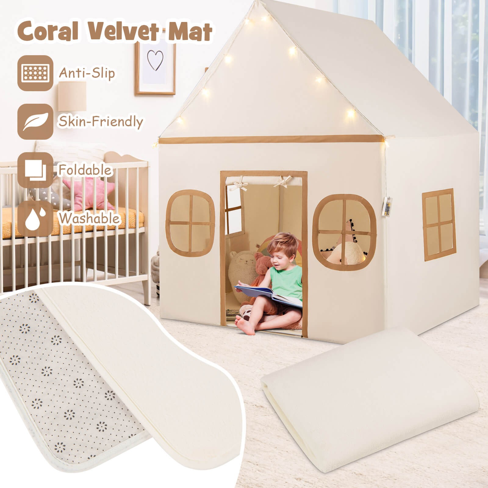 Kids Play Tent with Padded Mat, Star Lights, Side Storage Bags, Door & Windows