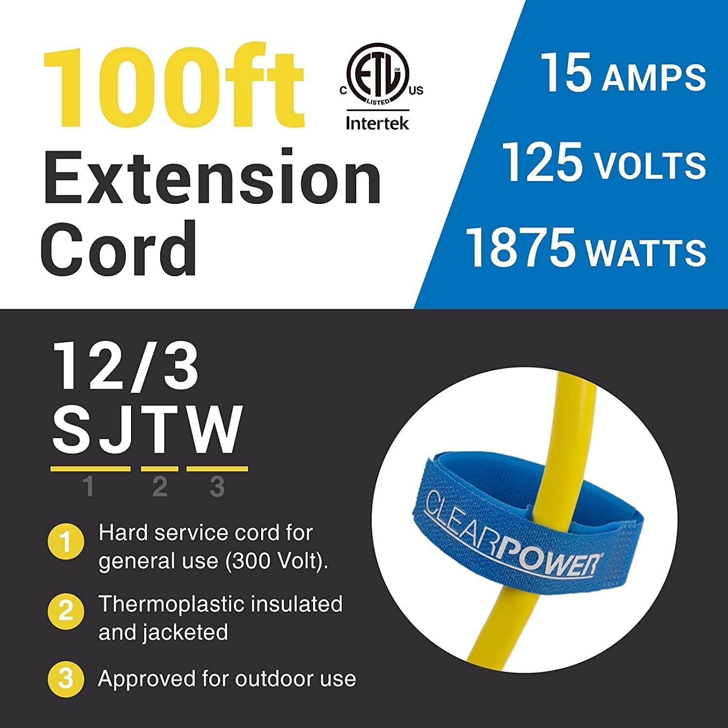 CP 100 ft 12/3 SJTW Heavy Duty Outdoor Extension Cord, 3 Prong Grounded, CP10146