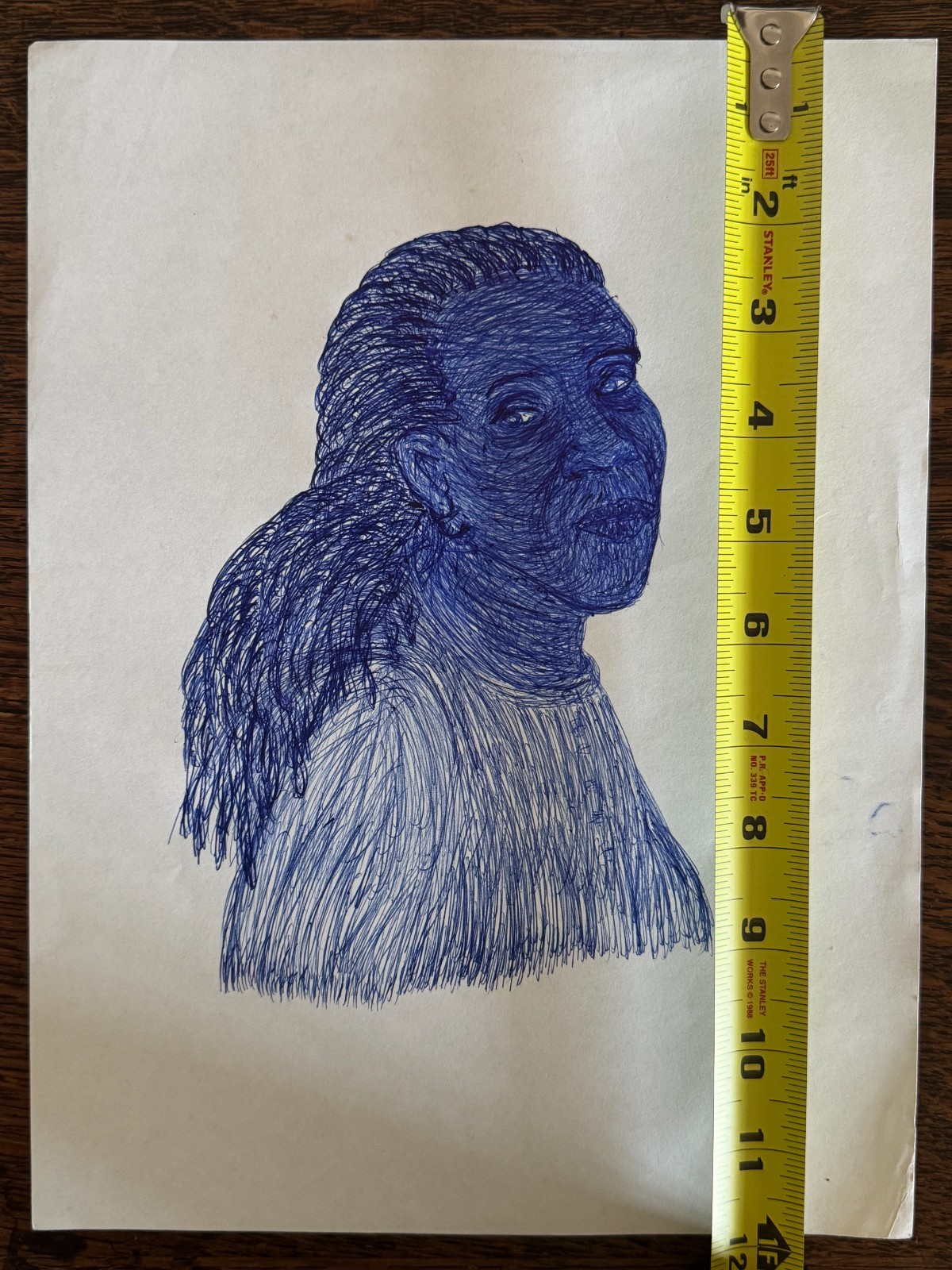 Original Young African-American Woman Blue Ballpoint Pen Portrait Drawing 9"x12"