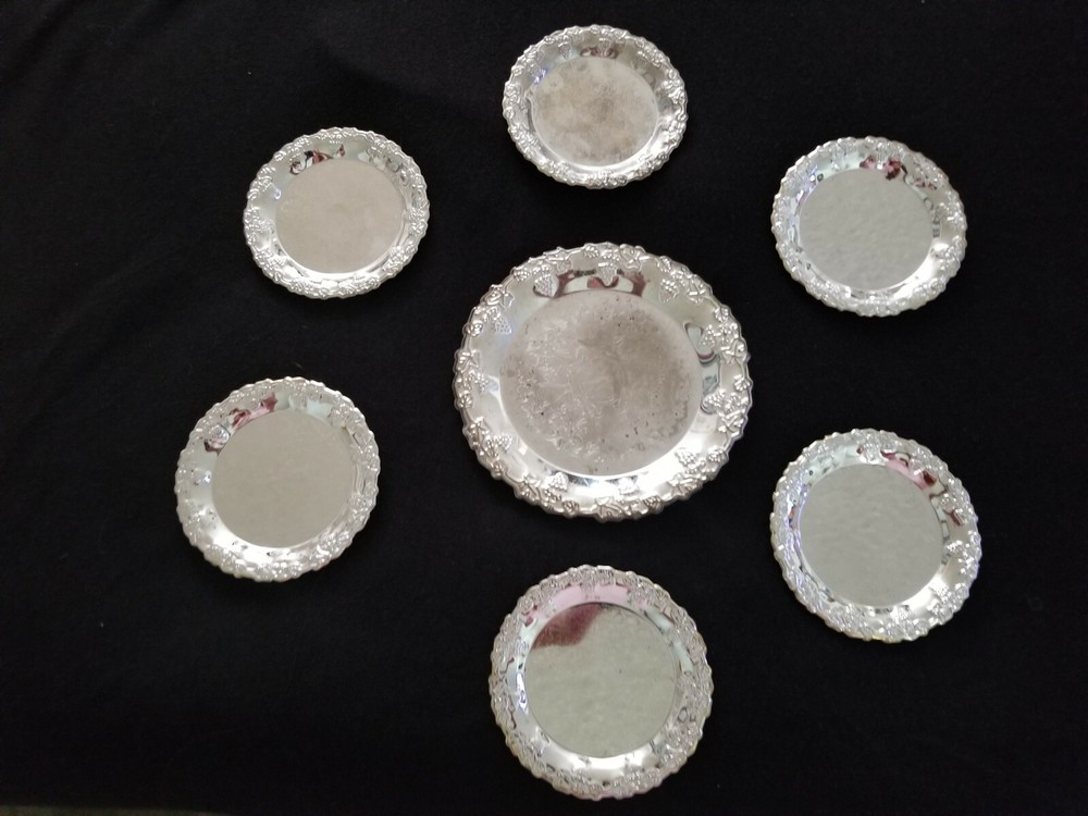 Silver Plated Wine Bottle Coaster & 6 Glasses Coaster Set (7 Piece Set)
