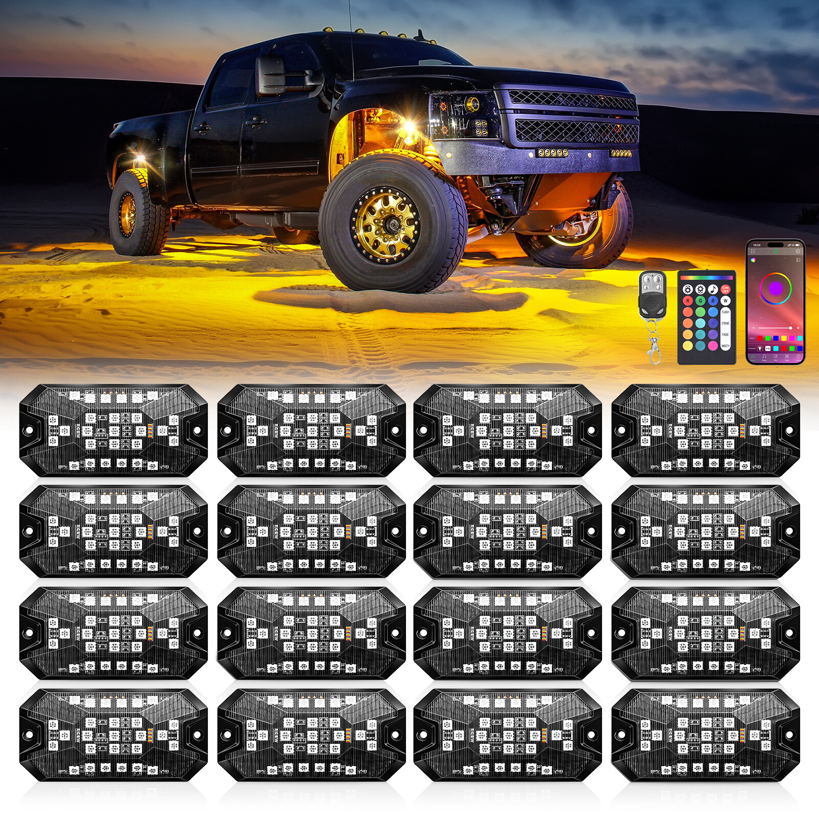 16-Pods RGBW LED Underglow Rock Lights for Trucks Cars, App & Remote Controller