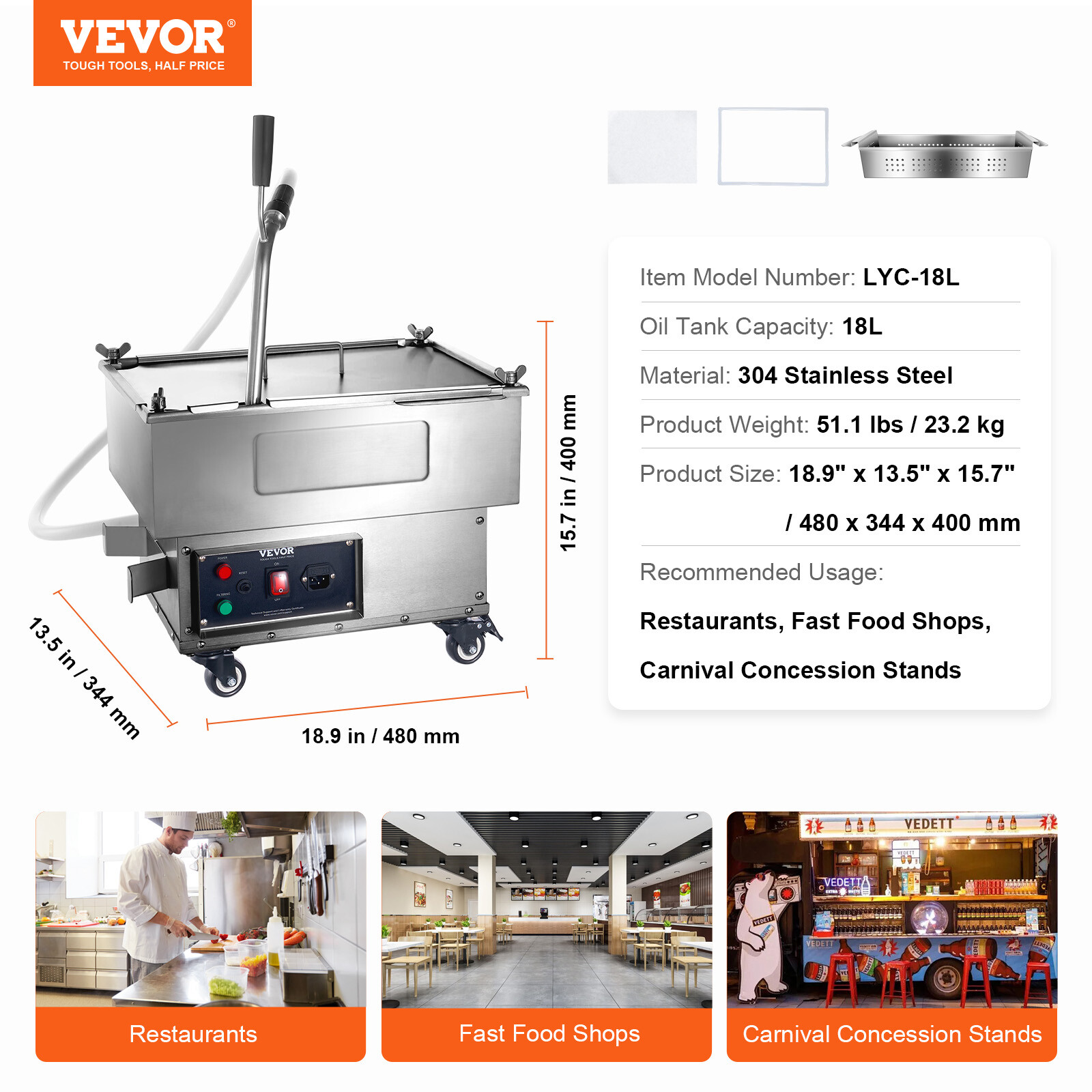 VEVOR Fryer Oil Filter Commercial Cooking Oil Filtration System 18L Capacity