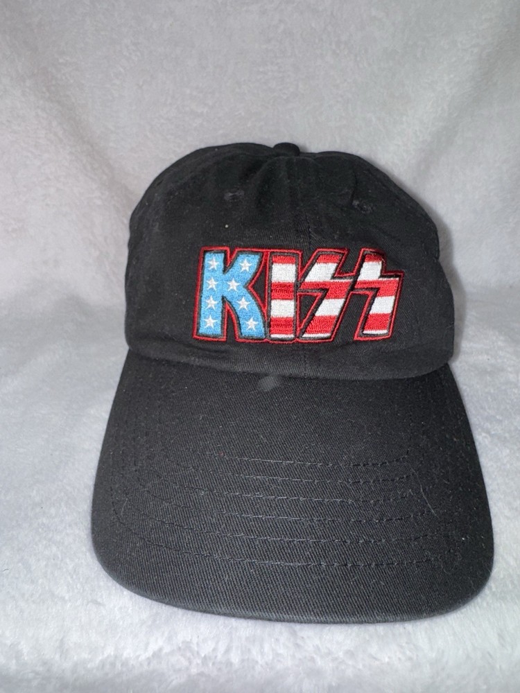 KISS Hat Cap Adult Black Embroidered AMERICAN FLAG Rock Band Concert Tour Merch