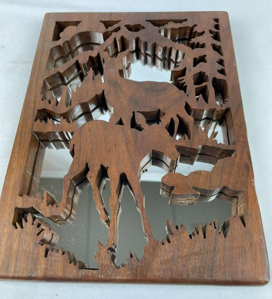 Handmade scroll saw Deer with Mirror Background 7x9