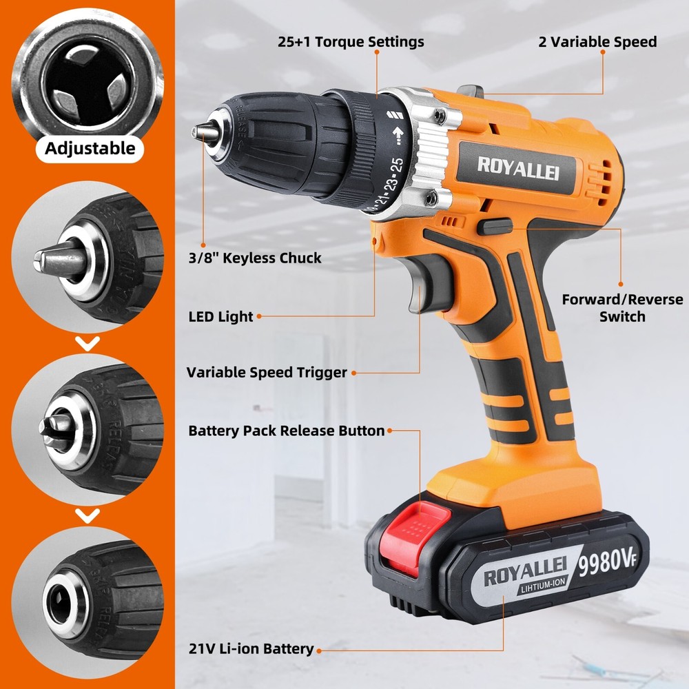 Electric Lithium-Ion Drill Driver 1/2 inch Multi-function Cordless 21V 2 Speed