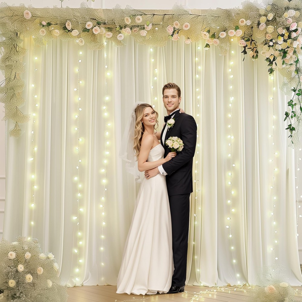10 x 10ft Ivory Backdrop Curtains with Lights String Wrinkle-Free Polyester C...