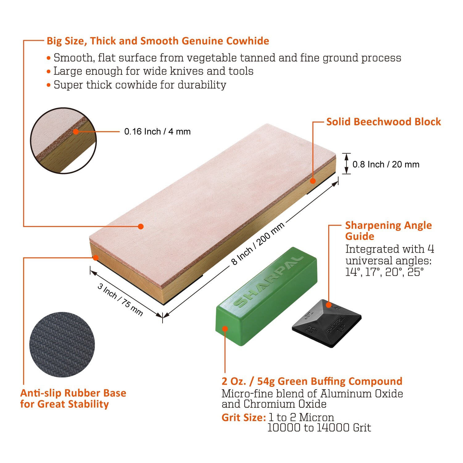 SHARPAL 8"x3" Honing Leather Strop with 2 Oz. Polishing Compound & Angle Guide
