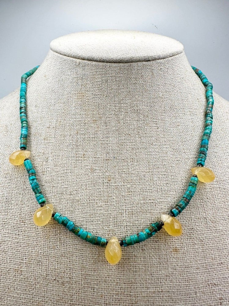 Native sterling silver turquoise beaded citrine Necklace 18”