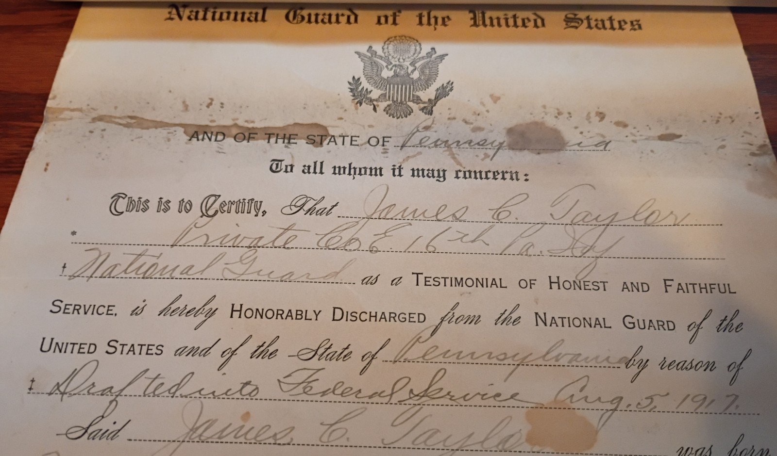 1917 US Army National Guard Honorable Discharge Certificate Marienville PA