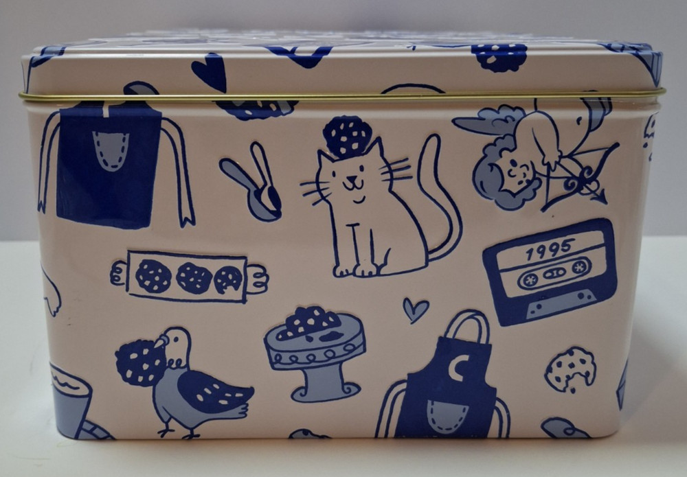 Levian Bakery Embossed Tin Container w/Lid 30th Anniversary Blue & White Empty