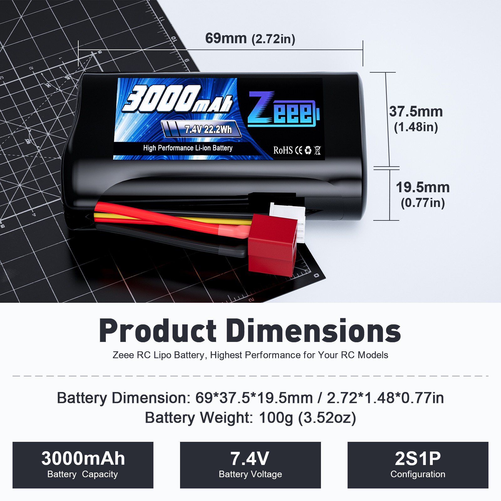 2x Zeee 7.4V 2S Li-ion Battery 3000mAh with T Connector USB Charger