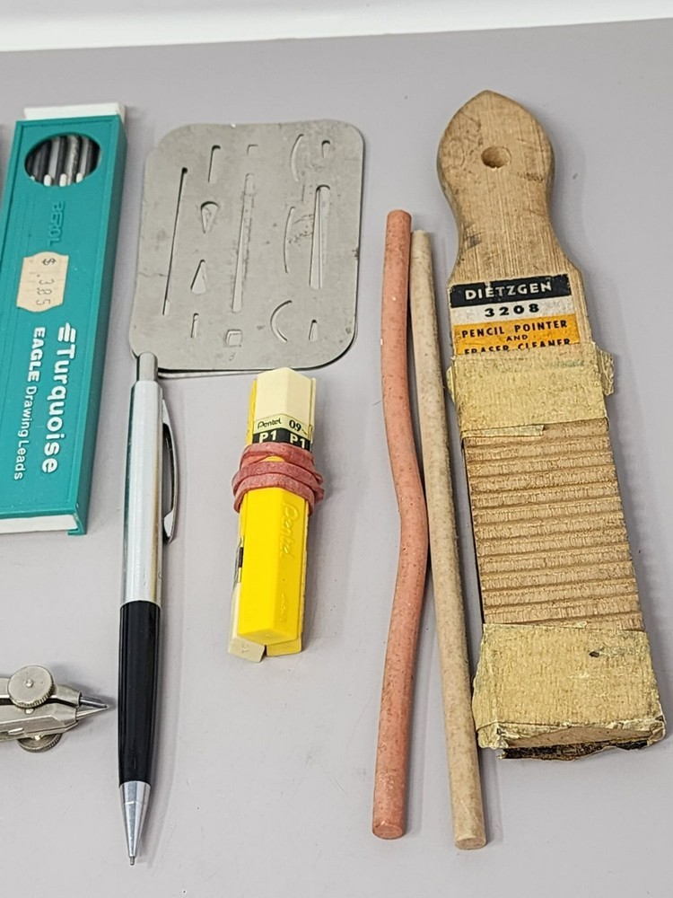 Vntg Drafting Tools Turquoise Drawing Leads Compass Pencil Pointer Accessories