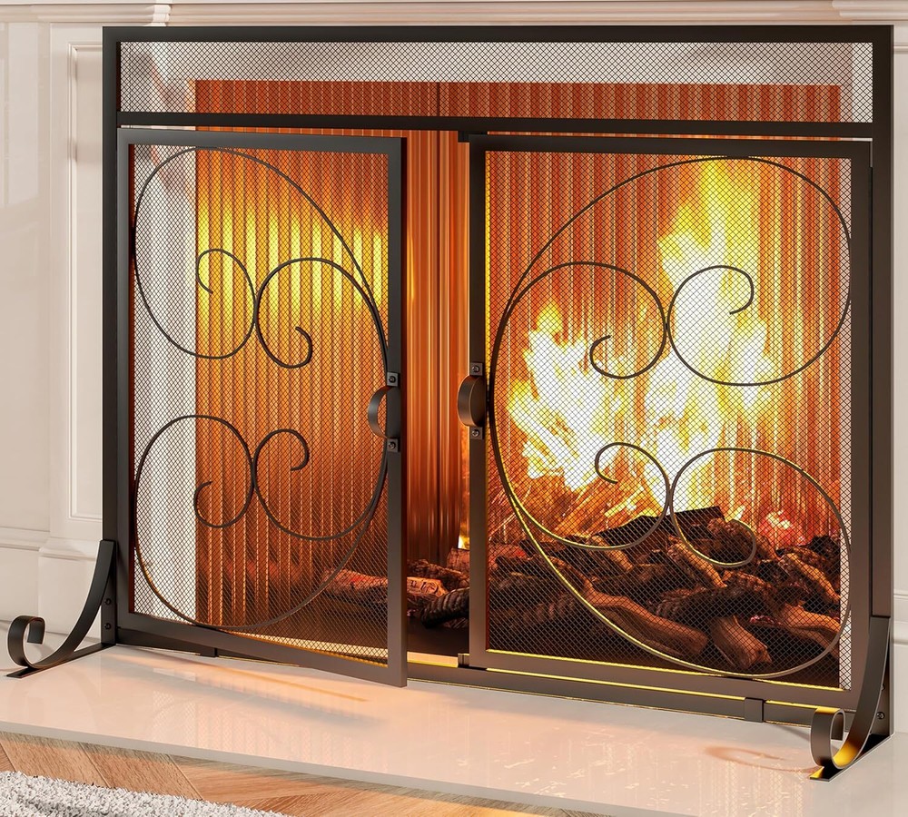 Flat Fireplace Screen Hinged Doors Handcrafted Wrought Iron Classical Scroll
