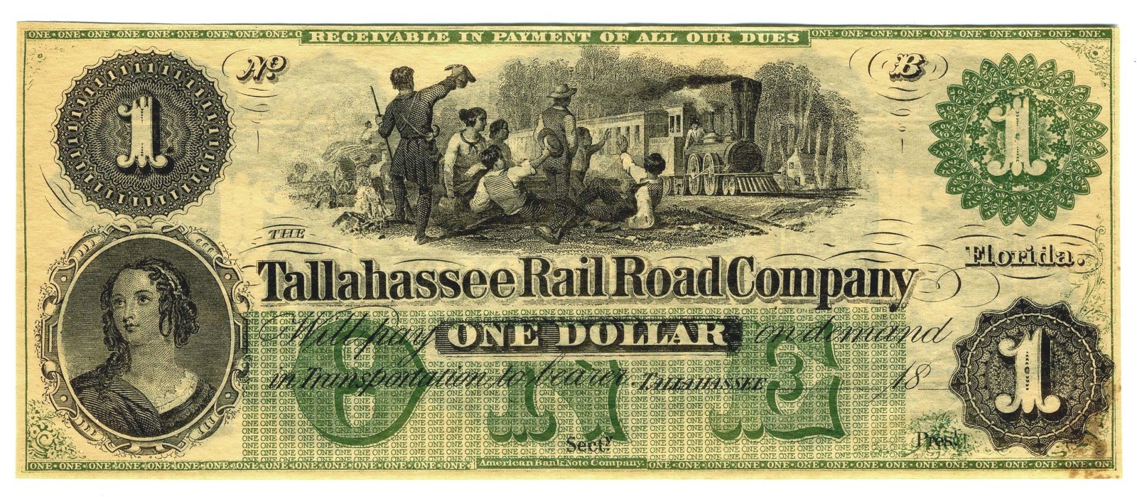 CURRENCY – TALLAHASSEE RAIL ROAD COMPANY -  $1 – UNISSUED -NM CONDITION - CRISP