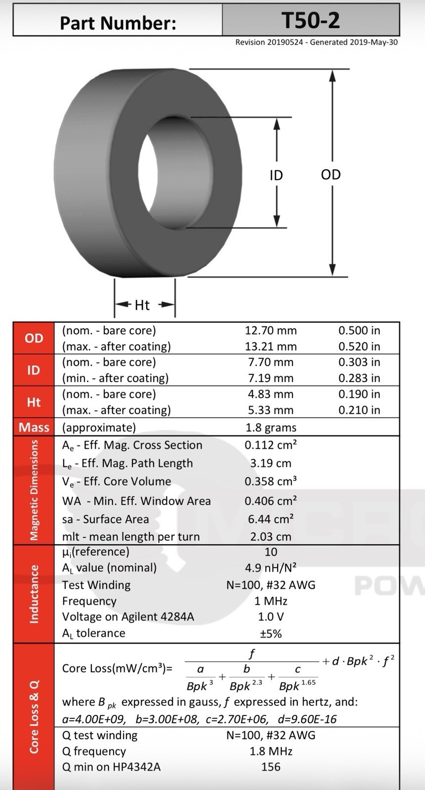 Toroid T50-2 Core Micrometals Iron Powder - Made in USA - Pack of 50