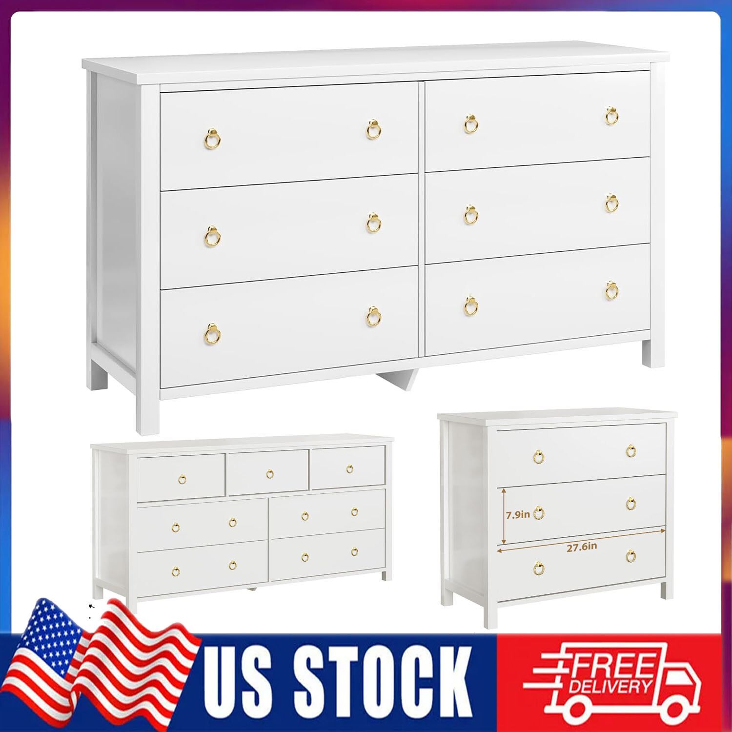 6 Drawers Dresser Double Wood Storage Dressers Chests of Drawers for Bedroom