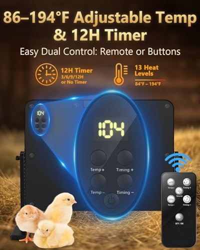 Chick Brooder Heating Plate with 86–194℉ Adjustable Temp, 12H Timer, Black