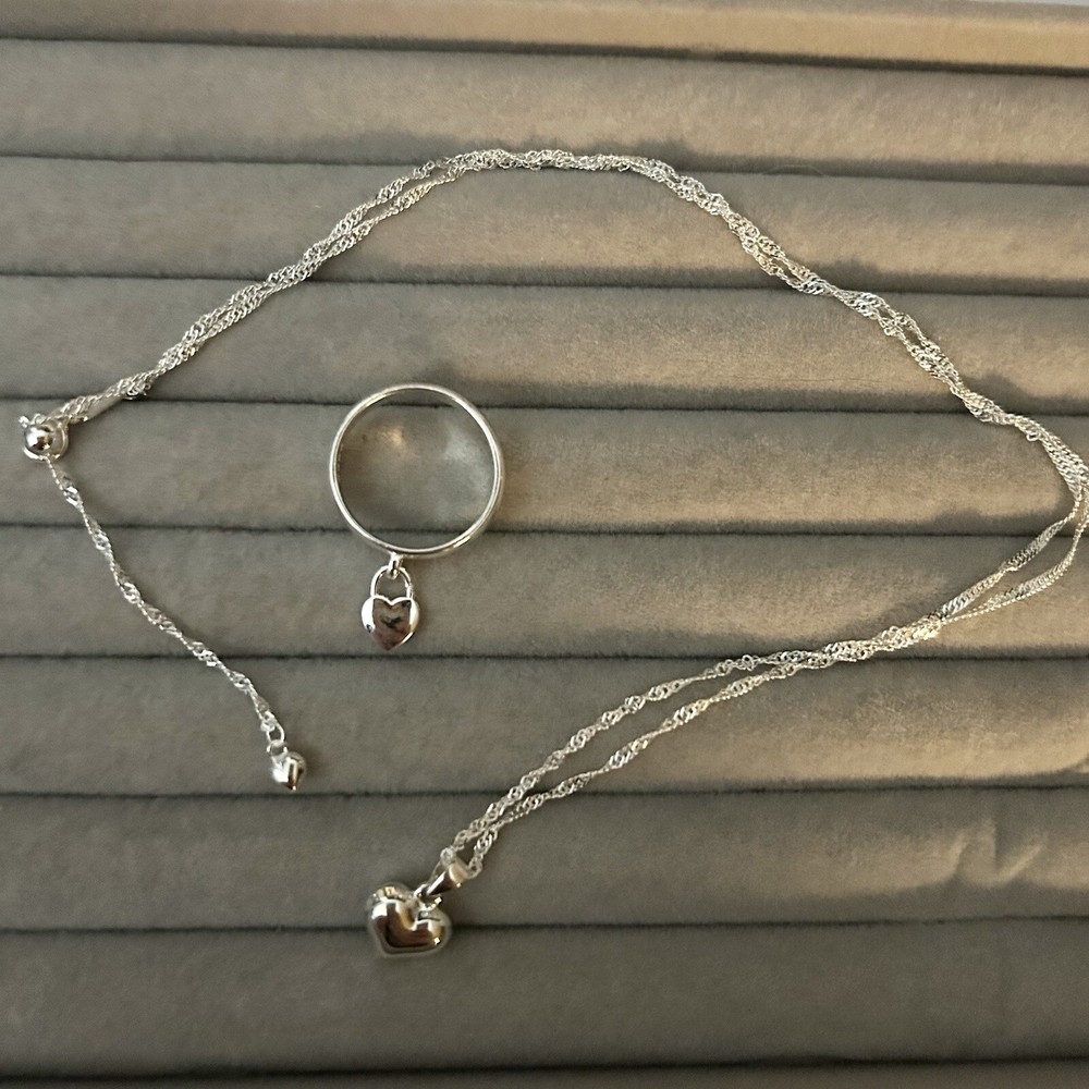 Dangle Heart Ring SIZE 6 & Matching Necklace 925 Solid Sterling Silver Gift Set